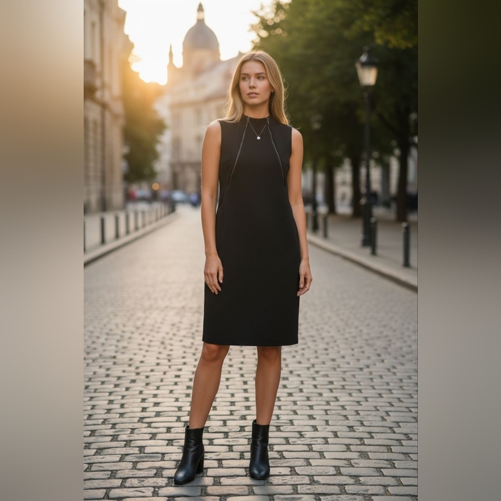 Calvin Klein sz 8 zipper detail sheeth sleeveless dress black cocktail